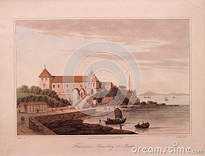 1814 James Clark James Wathen Drawing Engraving Lithograph Print Sketch Macau St. Francis Covent Portuguese Macao Vintage Antique Editorial Stock Photo