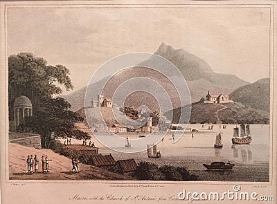 1814 James Clark James Wathen Intaglio Printing Copper Plate Print Aquatint hand-coloured Sketch Portuguese Macao Camoes Garden Editorial Stock Photo