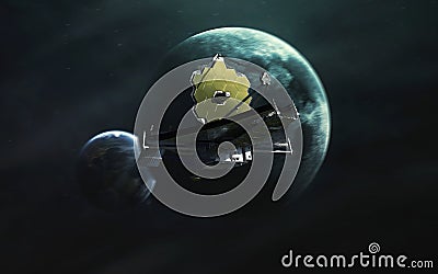 The James Webb telescope at the Langrange point L2. JWST launch art. Elements of image provided by Nasa Stock Photo
