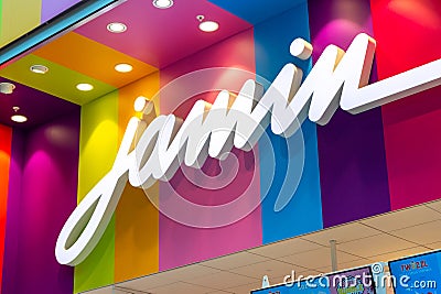 Jamin shop with illuminated logo. Editorial Stock Photo