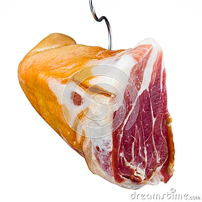 Jamon. Meat is hanging on hook. White background Stock Photo