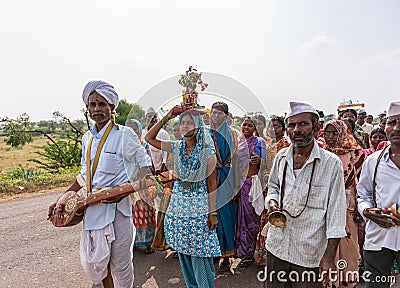 Closeup of Pilgrims marching, Jamunai, Karnataka, India Editorial Stock Photo