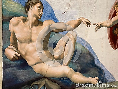 Close-up photo of The Creation of Adam ceiling fresco painting by Michelangelo in the Sistine Chapel Editorial Stock Photo