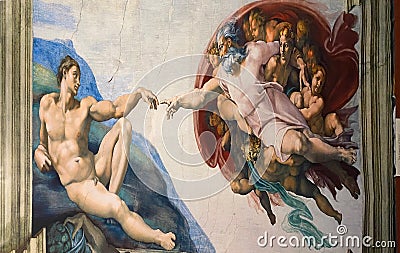 Close-up photo of The Creation of Adam ceiling fresco painting by Michelangelo in the Sistine Chapel Editorial Stock Photo