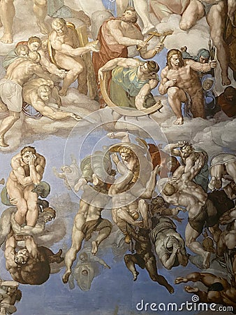 Close-up photo of The Last Judgment ceiling fresco painting by Michelangelo in the Sistine Chapel Editorial Stock Photo