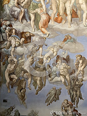 Close-up photo of The Last Judgment ceiling fresco painting by Michelangelo in the Sistine Chapel Editorial Stock Photo