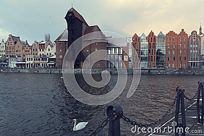 3 JAN 2019 Gdansk, Poland National maritime museum and the Crane in old town in the morning Editorial Stock Photo