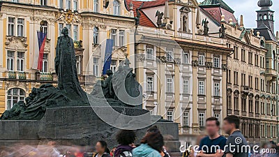 Jan Hus Memorial timelapse designed by Ladislav Saloun in Old town square in Prague, Czech Republic. Editorial Stock Photo