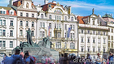 Jan Hus Memorial timelapse designed by Ladislav Saloun in Old town square in Prague, Czech Republic. Editorial Stock Photo