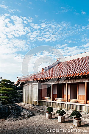 Building in Shuri Castle under clear blue sky, Naha, Okinawa, Japan Editorial Stock Photo