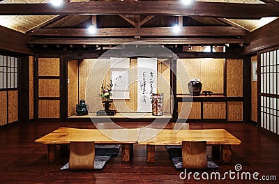 Japanese Okinawa style room solid wood table and paper door, and Editorial Stock Photo