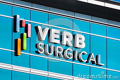 Jan 3, 2020 Santa Clara / CA / USA - Verb Surgical sign at their headquarters in Silicon Valley; Verb Surgical is a startup Editorial Stock Photo