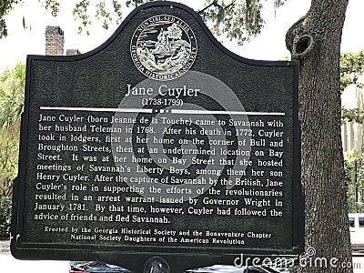 Jane Cuyler Historical Marker in Savannah, Georgia Editorial Stock Photo