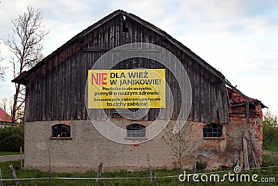 Protest poster against cellphone tower in Janikowo, Poland Editorial Stock Photo