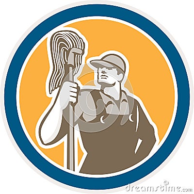 Janitor Cleaner Holding Mop Circle Retro Vector Illustration