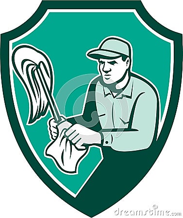 Janitor Cleaner Holding Mop Cloth Shield Retro Vector Illustration