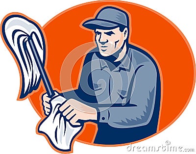 Janitor Cleaner With Mop Wiping Retro Stock Photo