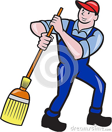 Janitor Cleaner Sweeping Broom Cartoon Vector Illustration