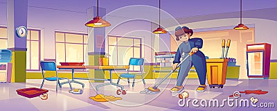Janitor cleaning dirty school canteen after lunch Vector Illustration
