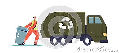 Janitor loading recycling container with litter for separation. Garbage man loading waste to truck Vector Illustration