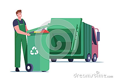 Janitor Loading Recycling Container with Litter for Separation. Garbage Man Loading Wastes to Truck for Reduce Pollution Stock Photo