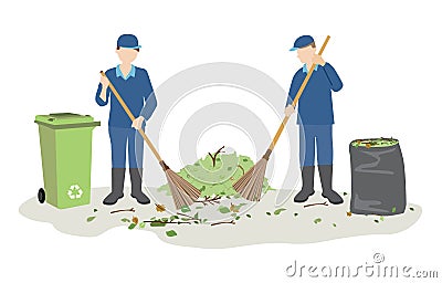 Janitor or street cleaners sweeping garbage Vector Illustration