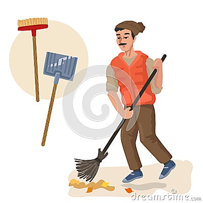 Janitor sweeping. Professions, character and items for his work. Children education. Exercise for preschoolers. Vector Vector Illustration