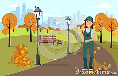 Janitor Sweeping and Cleaning Road from Leaves. Vector Illustration