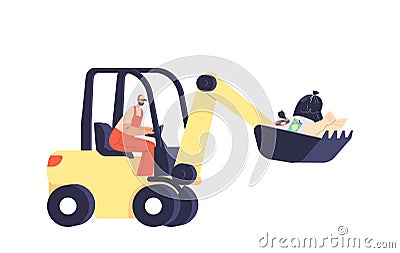 Janitor work on bulldozer vehicle collect trash and litter. Man picking garbage on waste conveyor Vector Illustration
