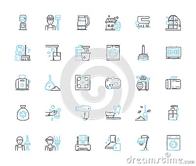 Janitorial business linear icons set. Cleaning, Maintenance, Sanitization, Disinfection, Sweeping, Mopping, Vacuuming Vector Illustration