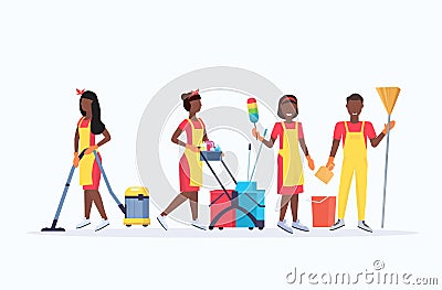 Janitors team cleaning service concept african american male female cleaners in uniform working together with Vector Illustration