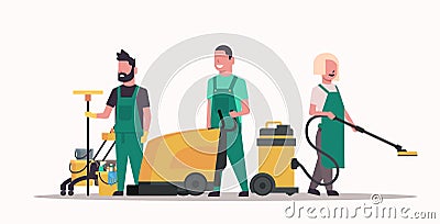 Janitors team cleaning service concept male female cleaners in uniform working together with professional equipment flat Vector Illustration