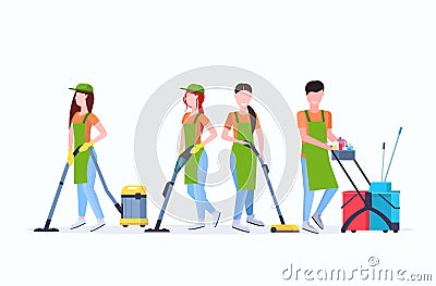 Janitors team cleaning service concept male female cleaners in uniform working together with professional equipment flat Vector Illustration