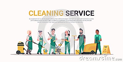 Janitors team cleaning service concept male female mix race cleaners in uniform working together with professional Vector Illustration