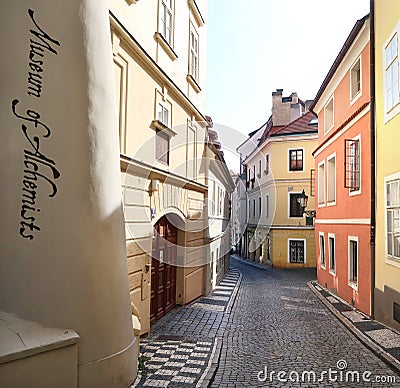Jansky vrsek street near the Museum of Alchemists in Mala Strana, an old part of Czech city Prague, in late summer Editorial Stock Photo
