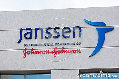 Janssen Pharmaceutica sign and logo. Janssen Pharmaceutica is a pharmaceutical company owned by Johnson and Johnson Editorial Stock Photo