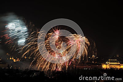 JANUARY 1: Prague New Year's Firework 2013 on January 1, 2013, in Prague, Czech Republic. Editorial Stock Photo