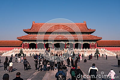 03 January 2020, Beijing China: a Crowd of tourist are crowding the square in front of the well-know Gate of Supreme Harmony Editorial Stock Photo