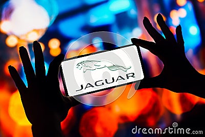 January 31, 2023, Brazil. In this photo illustration, the Jaguar Cars logo is displayed on a smartphone screen Cartoon Illustration