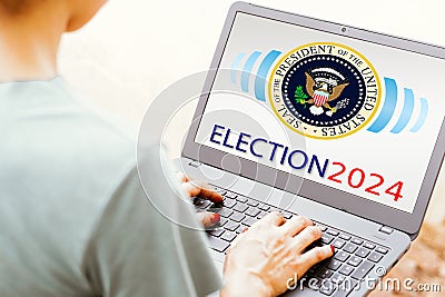 January 22, 2024, Brazil. A person researches the election in the United States on the internet. The Cartoon Illustration
