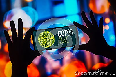 January 31, 2023, Brazil. In this photo illustration, the 2023 United Nations Climate Change Conference COP28 UAE logo is Cartoon Illustration