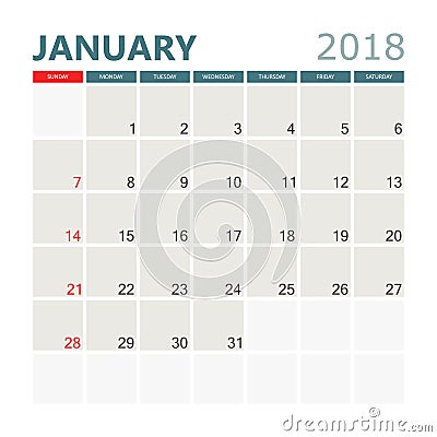 January 2018 calendar. Calendar planner design template. Week st Vector Illustration