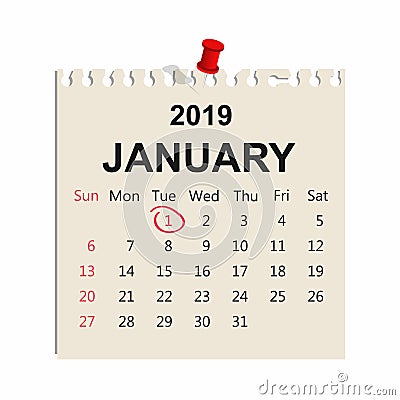 January 2019. Calendar sheet. January 1, New Year Vector Illustration