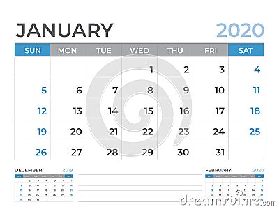 January 2020 Calendar template, Desk calendar layout Size 8 x 6 inch, planner design, week starts on sunday, stationery design Vector Illustration