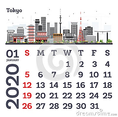 January 2020 Calendar Template with Tokyo City Skyline Stock Photo