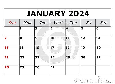 January 2024 calendar. Vector illustration Vector Illustration