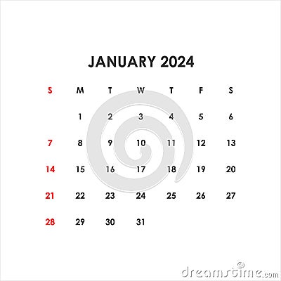 January 2024 Calendar. Week starts on Sunday. Vector Illustration