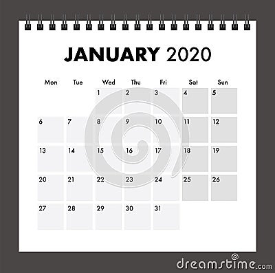 January 2020 calendar with wire band Vector Illustration