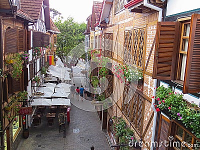 January 15, 2015, Campos do JordÃ£o, Sao Paulo, Brazil, view Boulevard in Capivari, houses with typical half-timbered and tourists Editorial Stock Photo