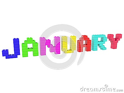 JANUARY concept from colored toy bricks to white Stock Photo